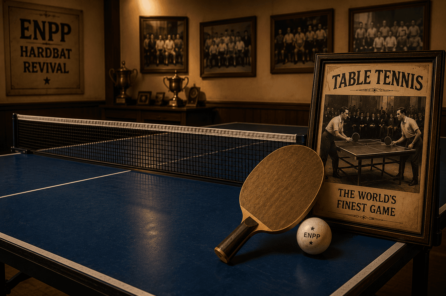 Vintage hardbat table tennis with a traditional wooden racket