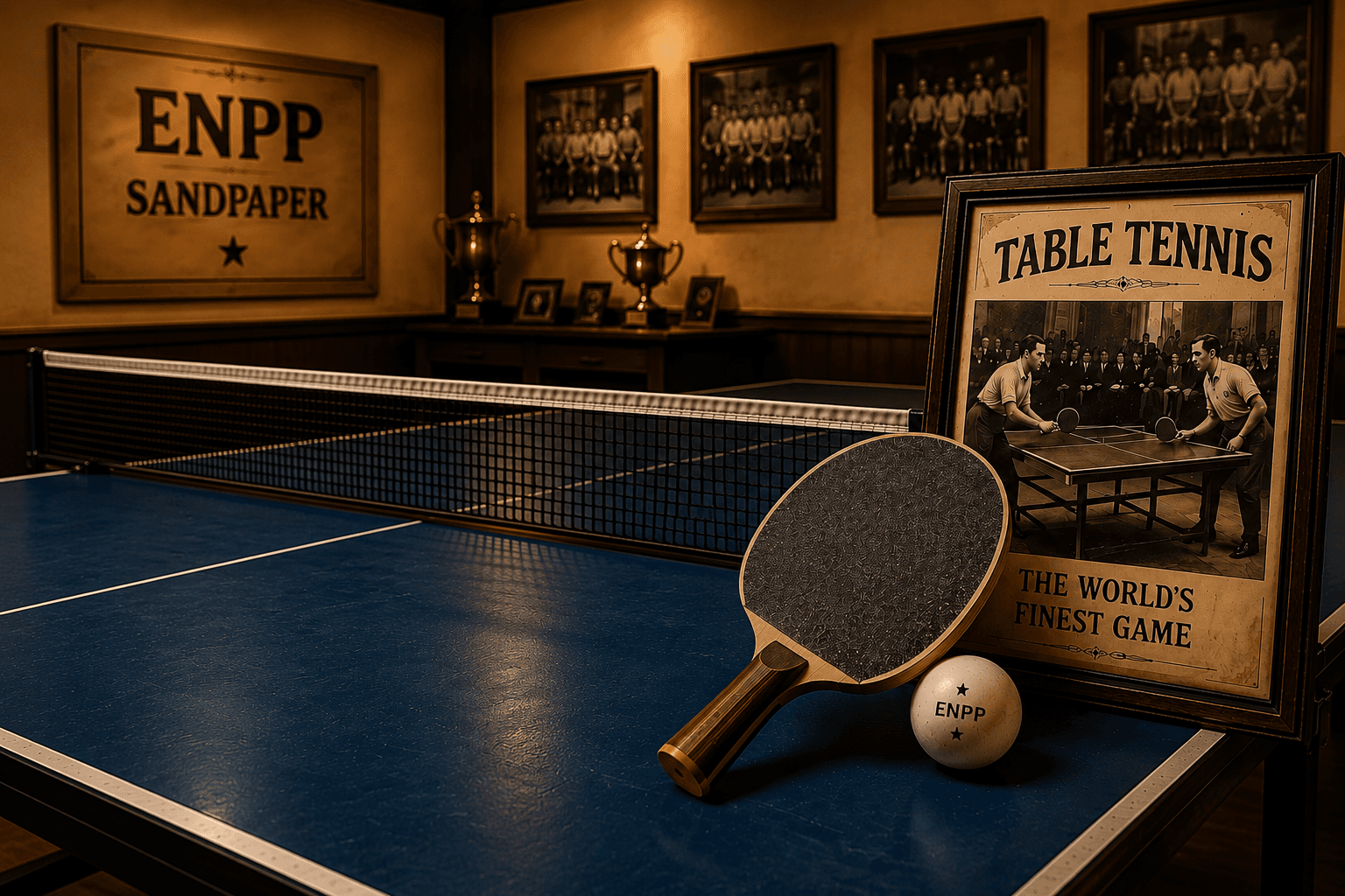 Vintage sandpaper table tennis with a sandpaper racket